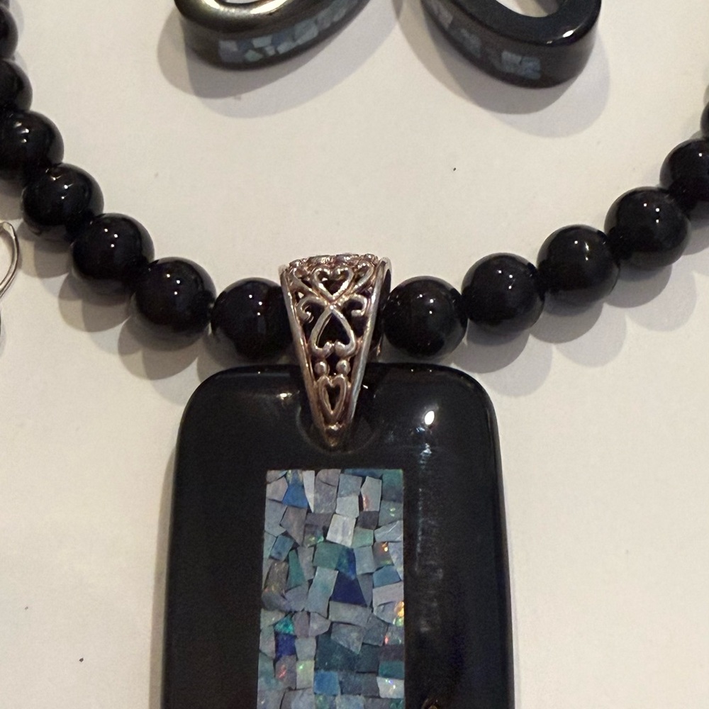 Jay King black Agate Micro Opal necklace bracelet earrings set - Picture 5 of 8